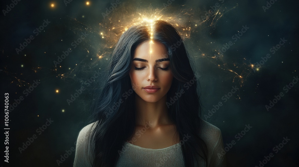 The face of a beautiful dark-haired woman in meditation, the woman is dressed in simple clothes that reflect spirituality The face of a beautiful dark-haired woman in meditation, the woman is dressed in simple clothes that reflect spirituality