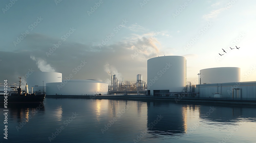 Industrial Complex with Large Storage Tanks on a Calm Waterway Industrial Complex with Large Storage Tanks on a Calm Waterway
