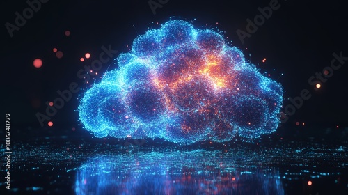 The image shows a luminous blue cloud embodying the digital world and data networks, set in a futuristic environment. photo