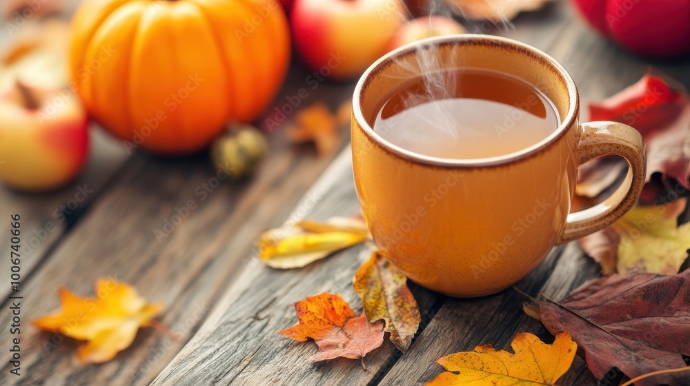 Steaming Mug of Hot Apple Cider on Wooden Surface Steaming Mug of Hot Apple Cider on Wooden Surface