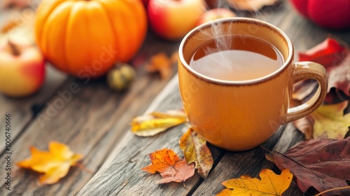 Steaming Mug of Hot Apple Cider on Wooden Surface