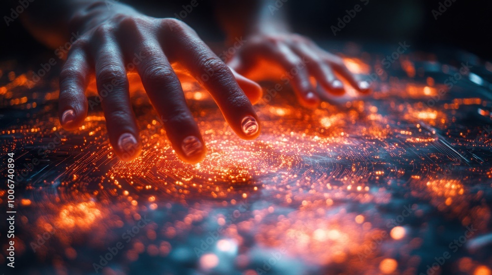 Hand interacting with glowing digital interface in dark environment, exploring virtual technology concept Hand interacting with glowing digital interface in dark environment, exploring virtual technology concept