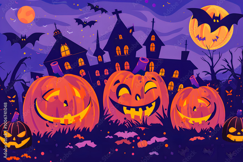 Illustration featuring Jack o' Lantern and castle silhouette at night, perfect for Halloween greetings or special Halloween sales promotions. banner sale concept Illustration featuring Jack o' Lantern and castle silhouette at night, perfect for Halloween greetings or special Halloween sales promotions. banner sale concept