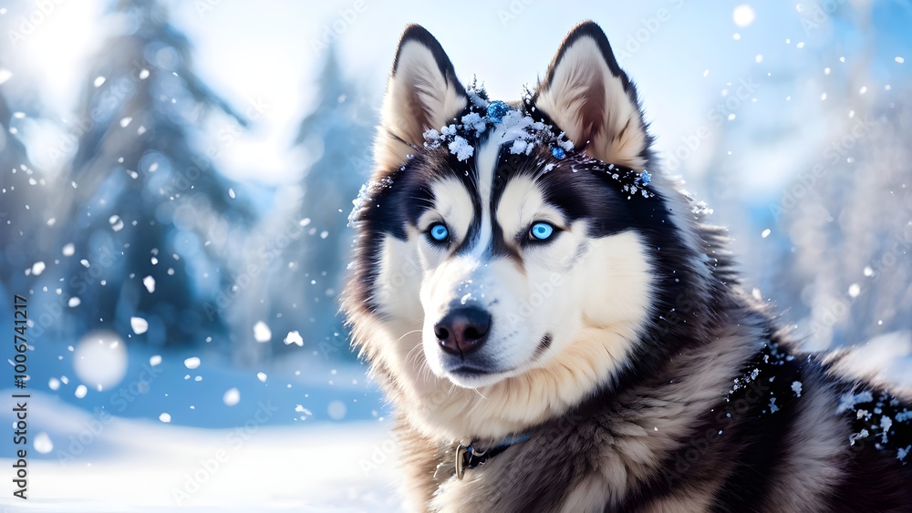 breed cute husky with striking blue eyes, fluffy coat, vibrant winter landscape, and falling snow breed cute husky with striking blue eyes, fluffy coat, vibrant winter landscape, and falling snow