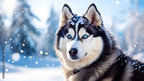 breed cute husky with striking blue eyes, fluffy coat, vibrant winter landscape, and falling snow photo