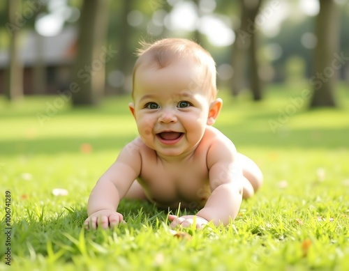 Smiling Baby Crawling Outdoors on a Sunny Day Exploring the Grass with Wide Eyes and Chubby Hands