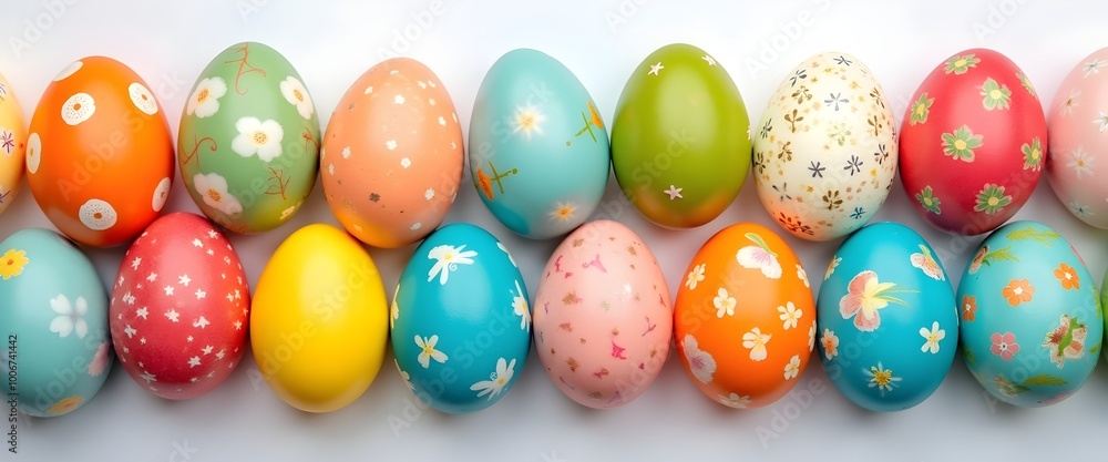 Festive Arrangement of Brightly Colored Easter Eggs Viewed from Above on Bright White Background