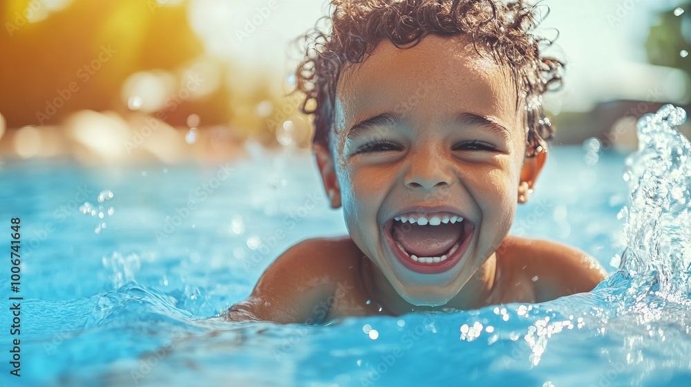 Happy Child Swimming in a Pool on a Sunny Day Happy Child Swimming in a Pool on a Sunny Day