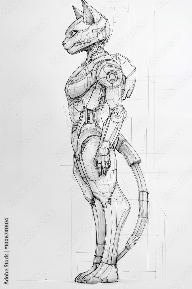 Fototapeta premium A pencil drawing of a robotic cat, standing in profile, with visible gears and mechanical parts.