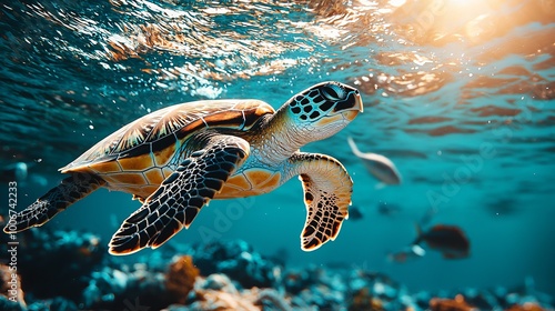 Sea Turtle Swimming in a Coral Reef