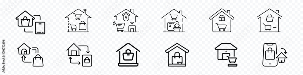 Home shopping logo icons set, Home Shopping and ecommerce icon concept, Home delivery vector icon. Shopping Cart Vector Line Icons Set, shopping from home icon