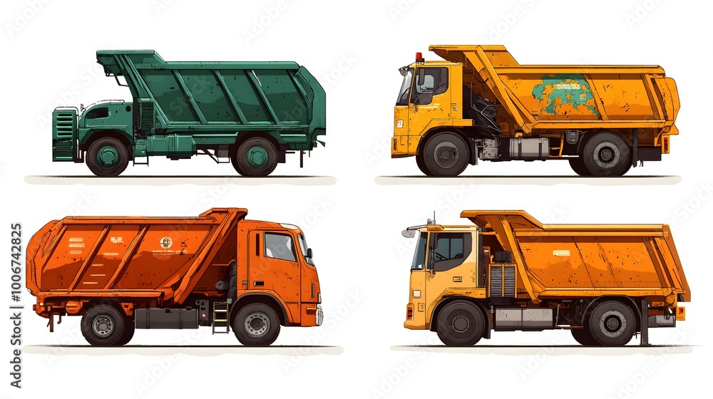 A garbage truck is shown in four different color and style designs A garbage truck is shown in four different color and style designs