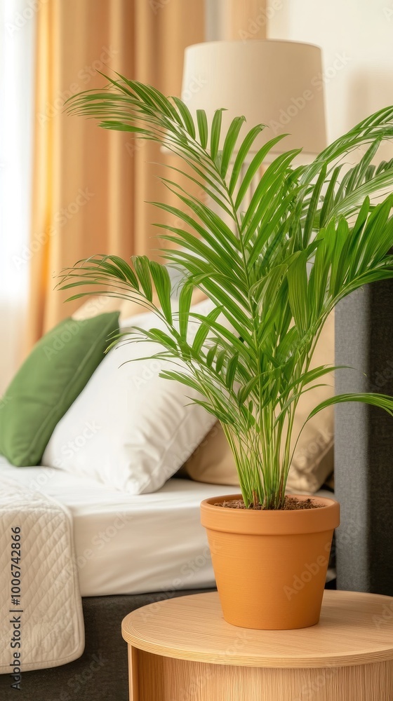 The bedside table features a modern lamp, a potted plant, and a soft pillow alongside a dark gray headboard, creating a peaceful, contemporary bedroom setting. The bedside table features a modern lamp, a potted plant, and a soft pillow alongside a dark gray headboard, creating a peaceful, contemporary bedroom setting.