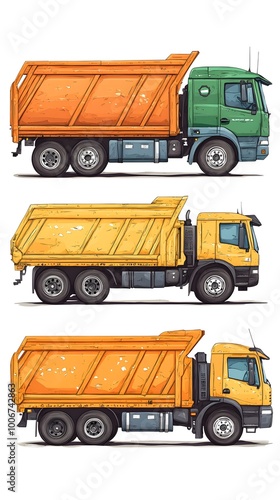 A garbage truck is shown in four different color and style designs
