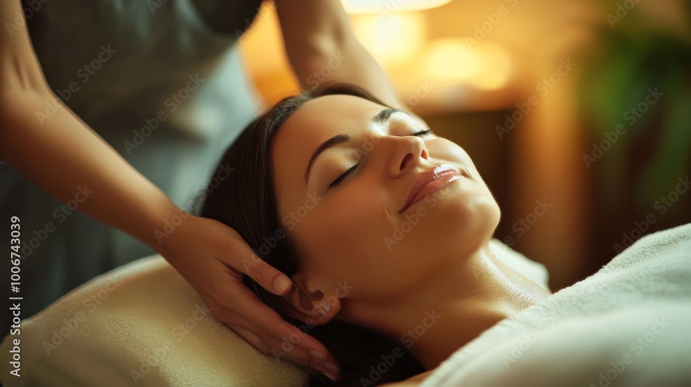 Relaxing spa treatment in a serene environment with a woman enjoying a soothing massage and embracing tranquility during her self-care session Relaxing spa treatment in a serene environment with a woman enjoying a soothing massage and embracing tranquility during her self-care session