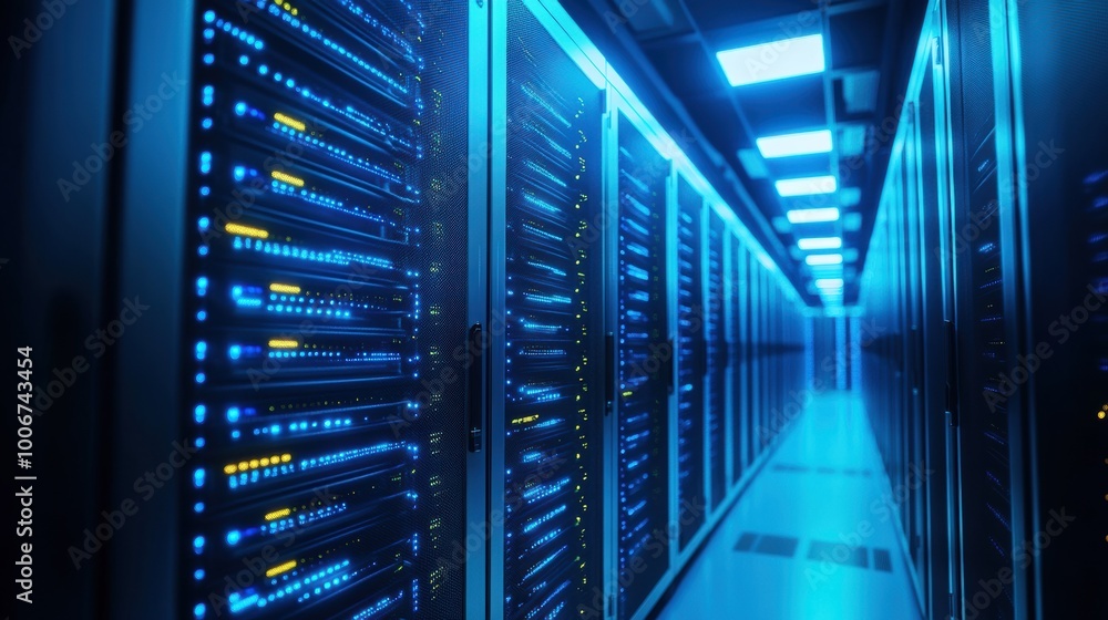 4 A row of neat and modern server racks illuminated by blue LED lights, interior view of a high-tech data center corridor 4 A row of neat and modern server racks illuminated by blue LED lights, interior view of a high-tech data center corridor