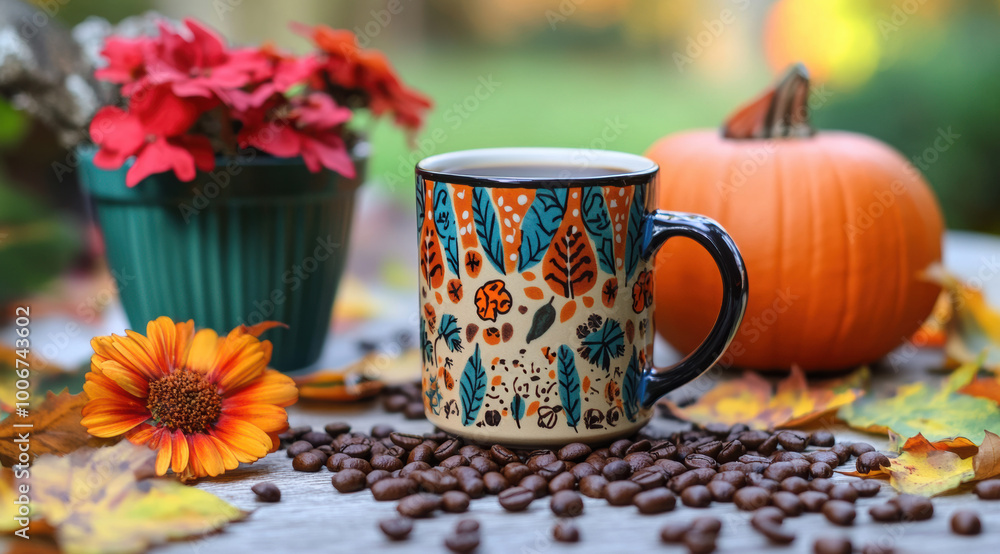 A cozy autumn setting featuring a colorful mug of coffee surrounded by vibrant flowers, a pumpkin, and scattered coffee beans in a peaceful outdoor space on a sunny day A cozy autumn setting featuring a colorful mug of coffee surrounded by vibrant flowers, a pumpkin, and scattered coffee beans in a peaceful outdoor space on a sunny day