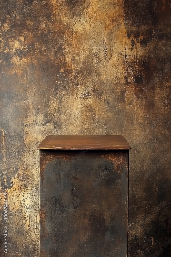 An industrial metal podium with a brown surface, ideal for edgy and modern product displays and presentations. The gritty background adds a raw and urban feel An industrial metal podium with a brown surface, ideal for edgy and modern product displays and presentations. The gritty background adds a raw and urban feel