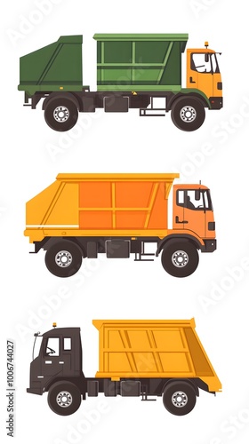 A garbage truck is shown in four different color and style designs