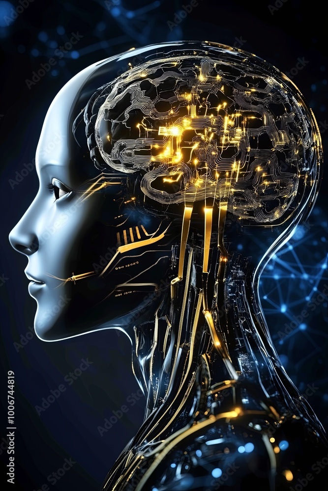 A robotic woman's head with a glowing brain, symbolizing artificial intelligence, futuristic technology, and the evolution of human consciousness. A robotic woman's head with a glowing brain, symbolizing artificial intelligence, futuristic technology, and the evolution of human consciousness.