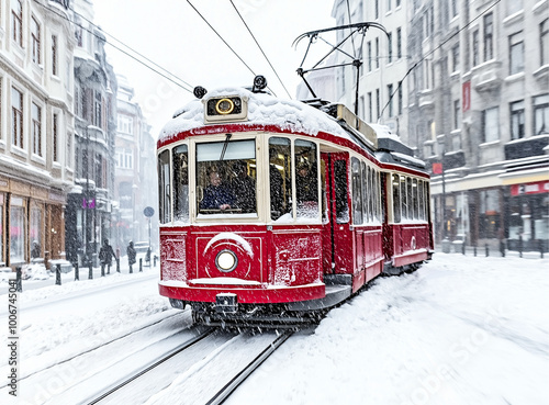 A red classic tram in Istanbul moves through heavy snowfall, with red and white colors dominating the scene. The driver is visible through the tram’s window, front view.