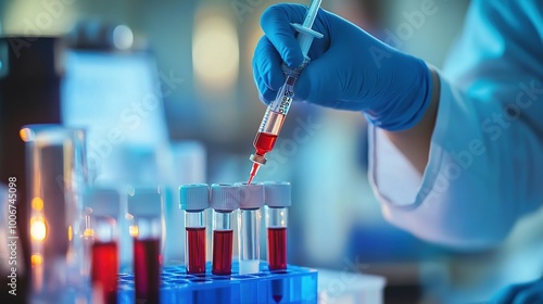 Scientists or physicians analyze the blood sample in vitro to prepare a vaccine against a new strain of viruses, Vaccine Research and Science concept