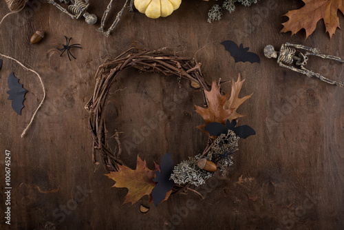 Process of making Halloween wreath. photo