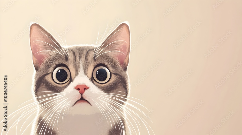 Cautious Feline in Minimalist Flat Design with Wide Eyes and Smooth Fur