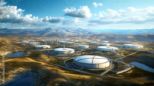 Aerial View of Industrial Oil Storage Tanks in a Mountainous Landscape photo