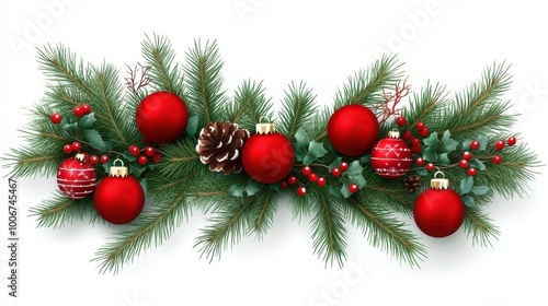 Festive Holiday Decor with Pine and Red Ornaments