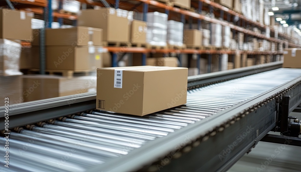 A single cardboard box moves along a conveyor belt in a large warehouse. The box has a shipping label on it, and the shelves behind it are stacked with boxes. A single cardboard box moves along a conveyor belt in a large warehouse. The box has a shipping label on it, and the shelves behind it are stacked with boxes.