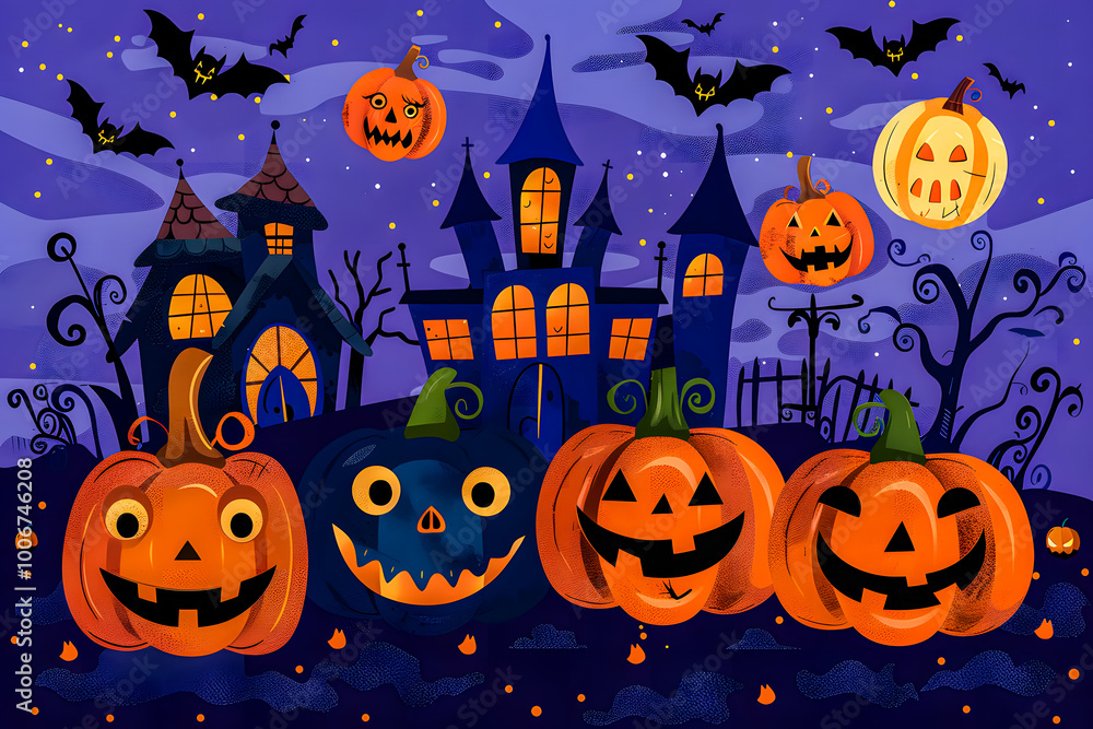 Illustration Jack o' Lantern and castle silhouette at night, perfect for Halloween greetings or special Halloween sales promotions. Sale banner concept Illustration Jack o' Lantern and castle silhouette at night, perfect for Halloween greetings or special Halloween sales promotions. Sale banner concept