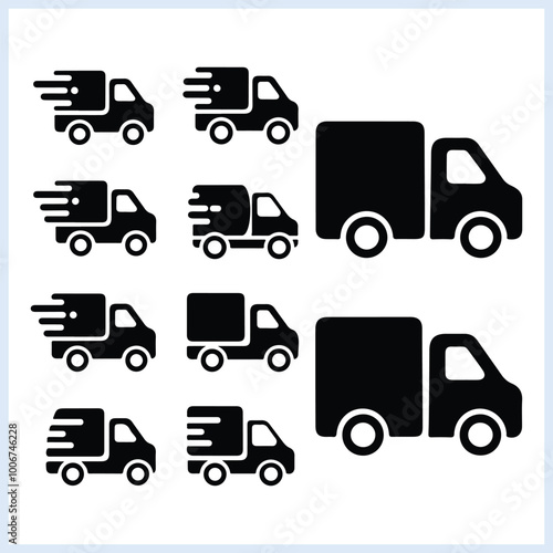 
Black Delivery Truck icon, delivery truck silhouette set, Fast free shipping truck vector illustration, Moving truck and car logo doodles