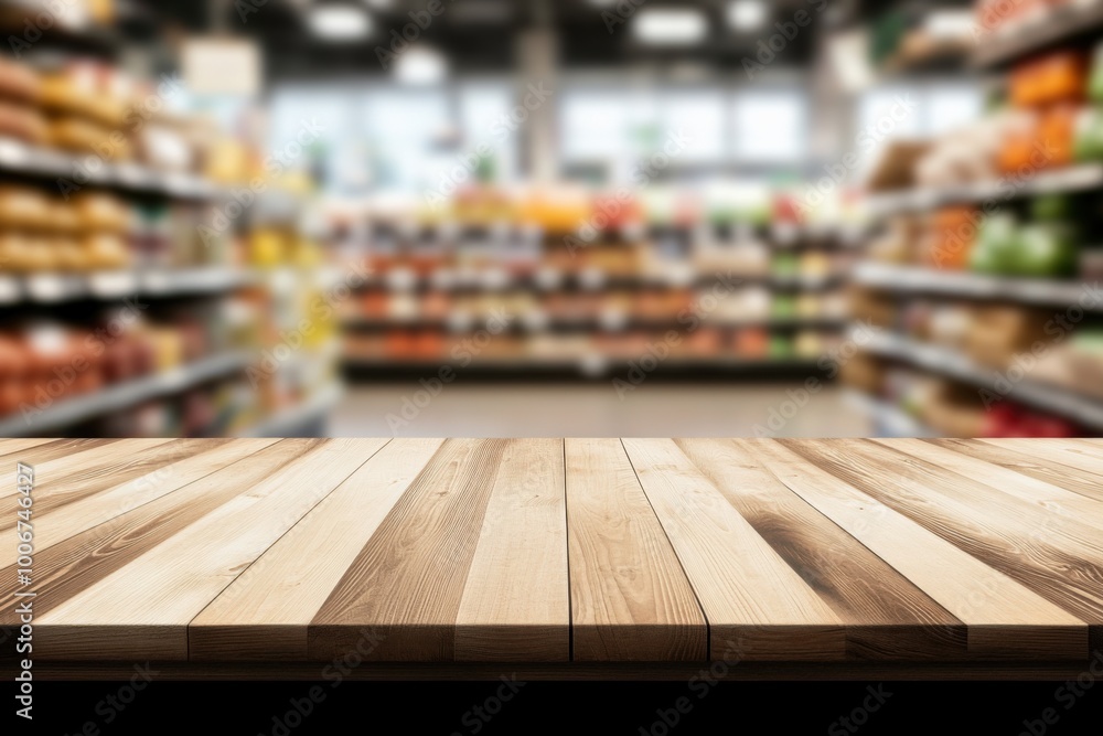 Wooden countertop in front of grocery store shelves filled with various products, showcasing a vibrant shopping environment during daylight Wooden countertop in front of grocery store shelves filled with various products, showcasing a vibrant shopping environment during daylight
