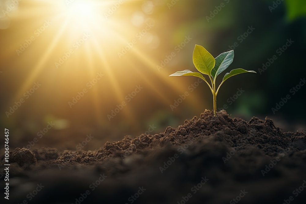 A single green sprout emerges from rich brown soil, bathed in the golden glow of the setting sun. A single green sprout emerges from rich brown soil, bathed in the golden glow of the setting sun.