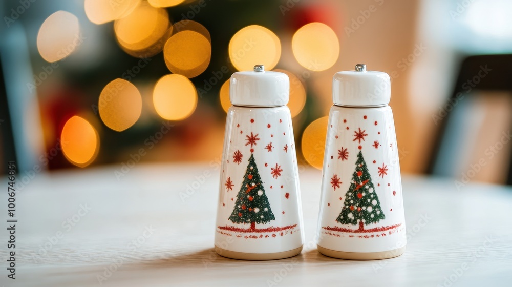 Christmas Themed Salt and Pepper Shakers on Table Christmas Themed Salt and Pepper Shakers on Table