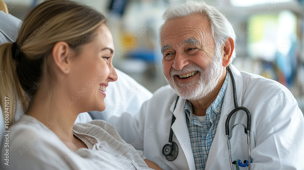 A cheerful elderly doctor engages in a warm conversation with a female patient, creating a comforting atmosphere in the hospital A cheerful elderly doctor engages in a warm conversation with a female patient, creating a comforting atmosphere in the hospital