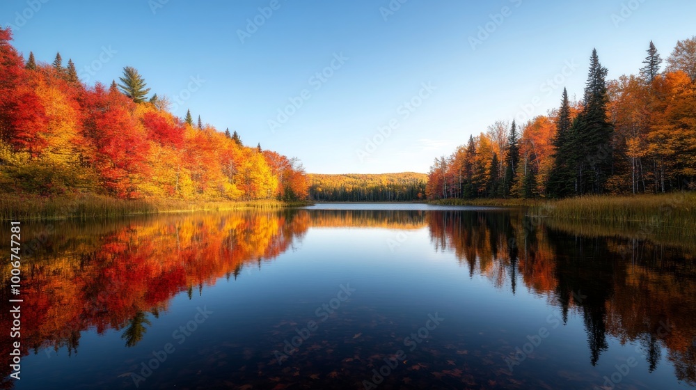 Experience the serene beauty of Hendrie Valley during autumn, where tall trees showcase radiant red, orange, and yellow leaves mirrored in a peaceful lake Experience the serene beauty of Hendrie Valley during autumn, where tall trees showcase radiant red, orange, and yellow leaves mirrored in a peaceful lake