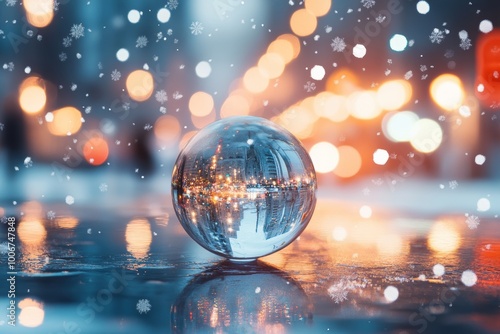 Crystal ball on wet surface reflects city lights with snowflakes falling and blurred lights