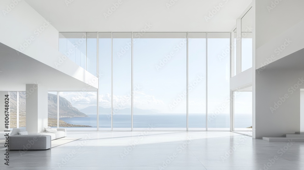 Spacious minimalist interior with large windows offering a breathtaking view of the ocean and distant mountains. Spacious minimalist interior with large windows offering a breathtaking view of the ocean and distant mountains.