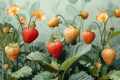 Forest Strawberry on Bush. Wild forest red ripe strawberry. Wild Strawberry illustration. Wild forest strawberry. Wild strawberry vines. Wild Strawberry pattern. Watercolor wild strawberries. photo