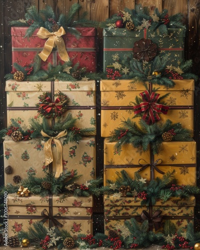 Vintage illustration of a stack of wrapped christmas gifts with bows on a white background photo