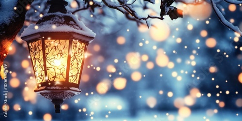 Elegant winter lantern glowing in the falling snow as twinkling lights illuminate a tranquil evening in a snowy landscape during the holiday season photo