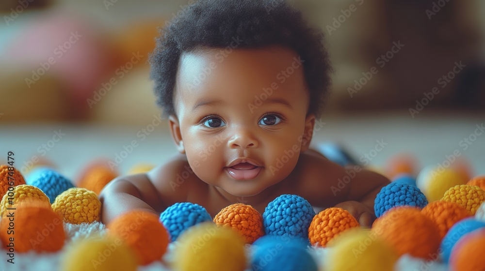 Fototapeta premium A joyful black baby plays among colorful, textured balls in a cozy indoor setting during the afternoon