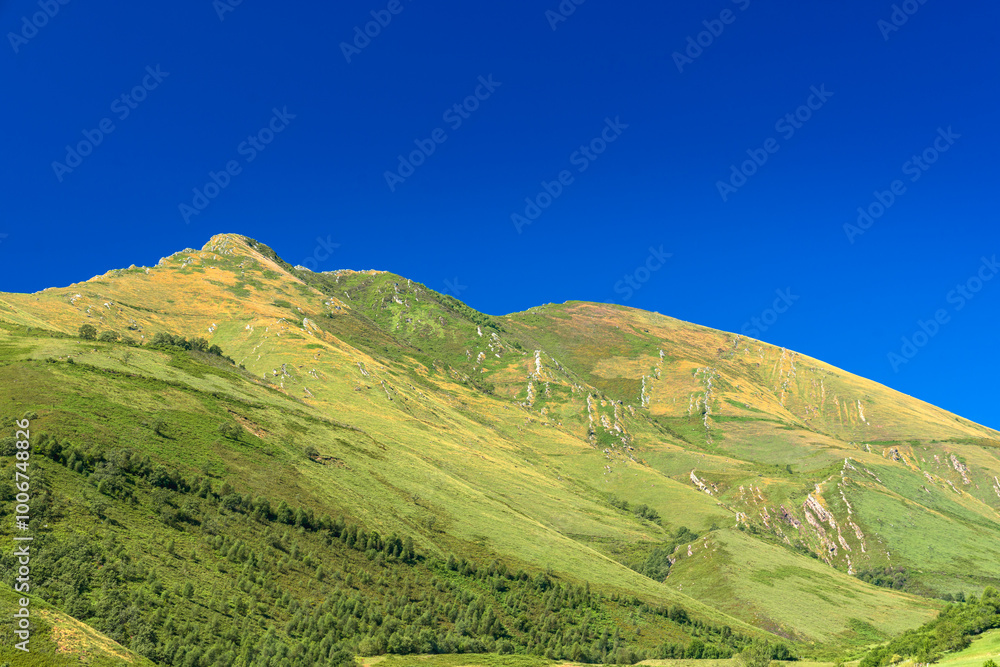 Naklejka premium The vibrant hills showcase lush greenery and rocky terrains under a bright blue sky, capturing the beauty of nature on a pleasant day