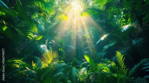 Sunlight filtering through lush greenery of tropical jungle