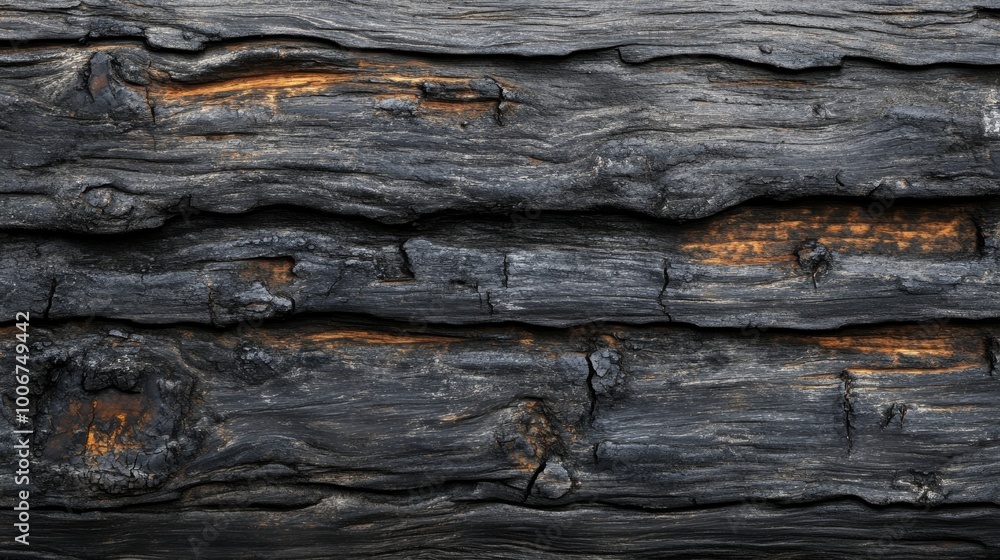 Charred wooden logs with textured surface, close Charred wooden logs with textured surface, close