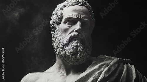 Statue of a bearded man in Greek style, lit dramatically.