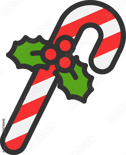 柊の飾りのついた、クリスマスのステッキキャンディーのアイコン（線画カラー）のイラスト