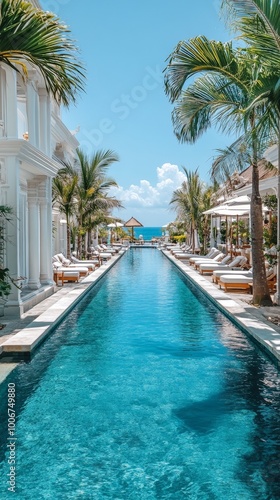 luxury poolside white architecture, wealthy, glamorous bali hotel, palm fronds